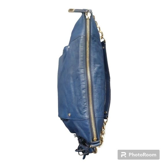 MICHAEL KORS BLUE LEATHER GOLD CHAIN DEVON LARGE SHOULDER TOTE BAG PURSE - Picture 4 of 16